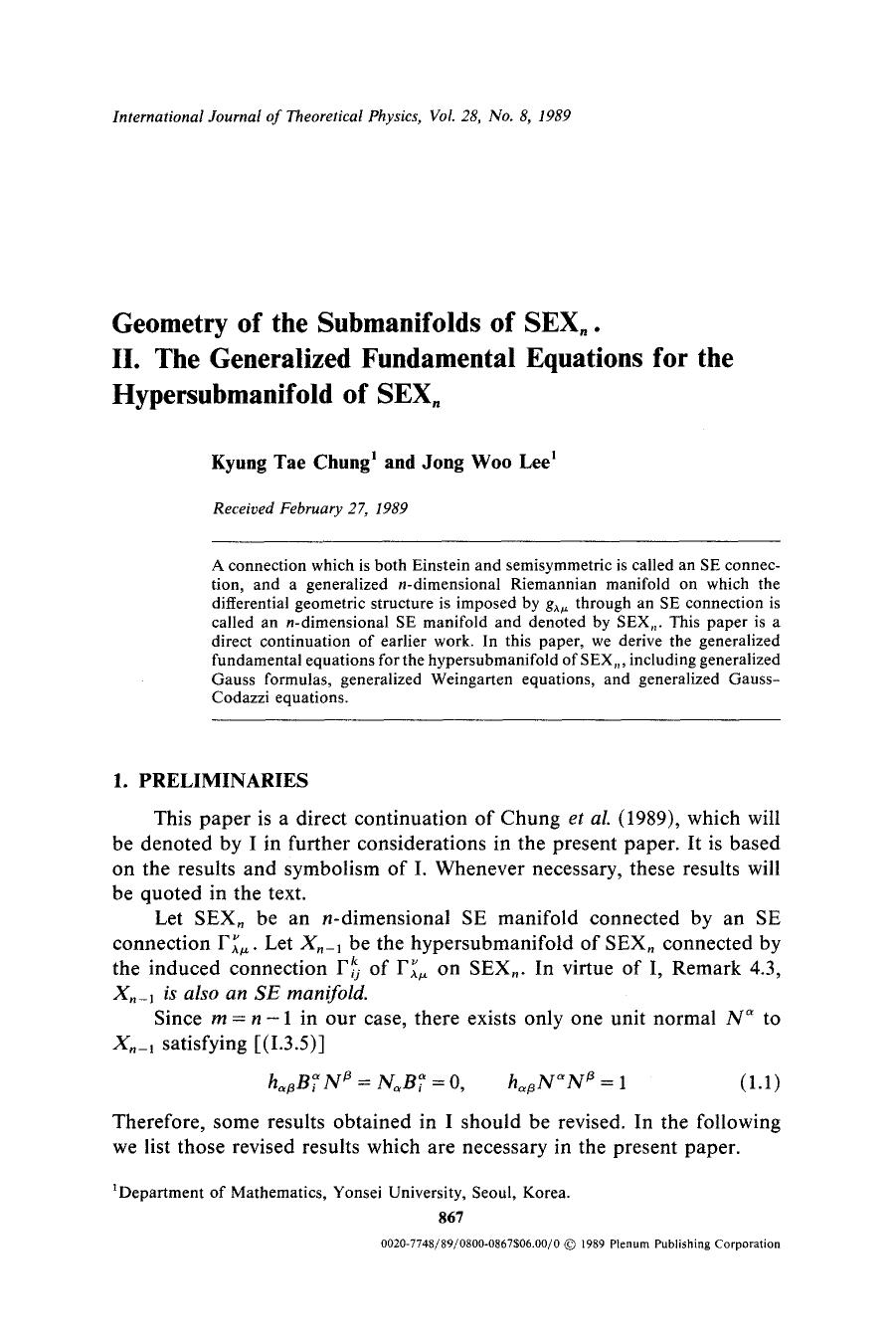 Geometry of the submanifolds of SEX <Subscript>n <Subscript>. II. The generalized fundamental equations for the hypersubmanifold of SEX <Subscript>n <Subscript> by Unknown