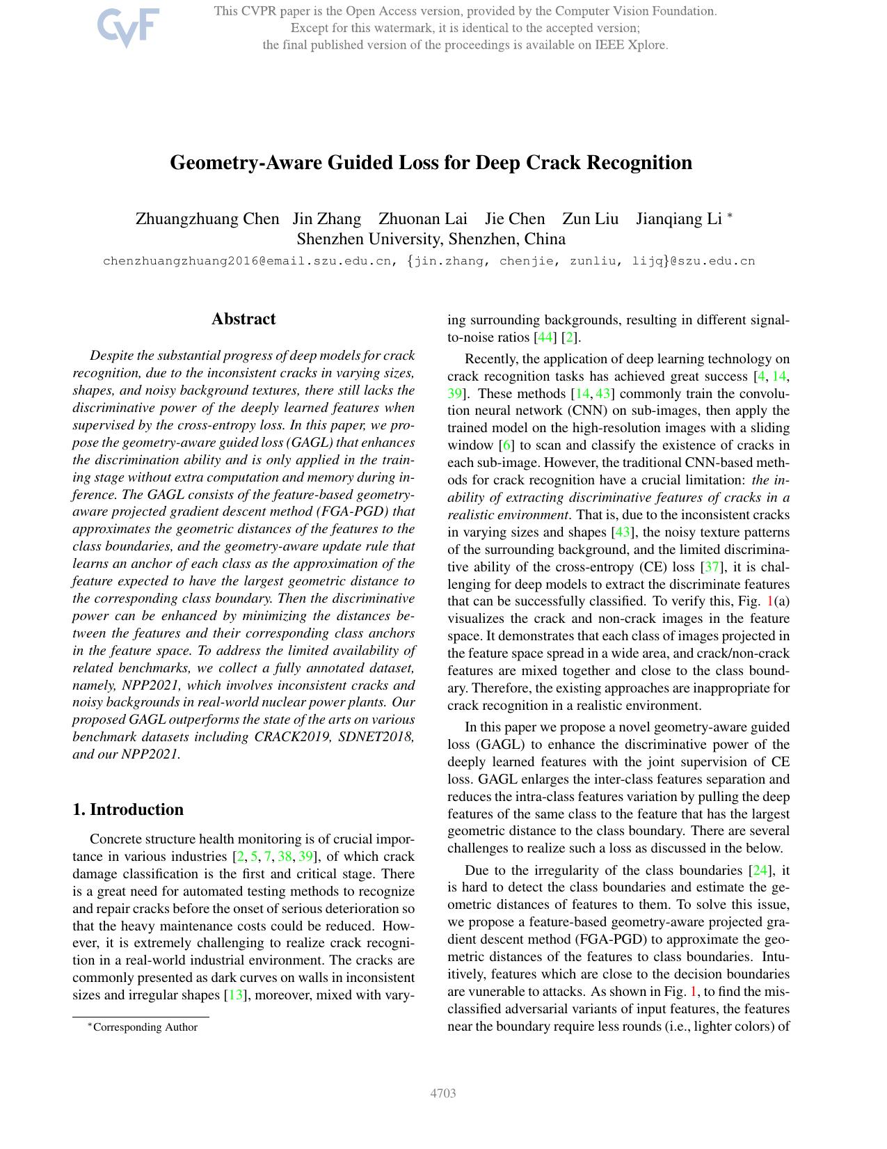 Geometry-Aware Guided Loss for Deep Crack Recognition by Zhuangzhuang Chen & Jin Zhang & Zhuonan Lai & Jie Chen & Zun Liu & Jianqiang Li