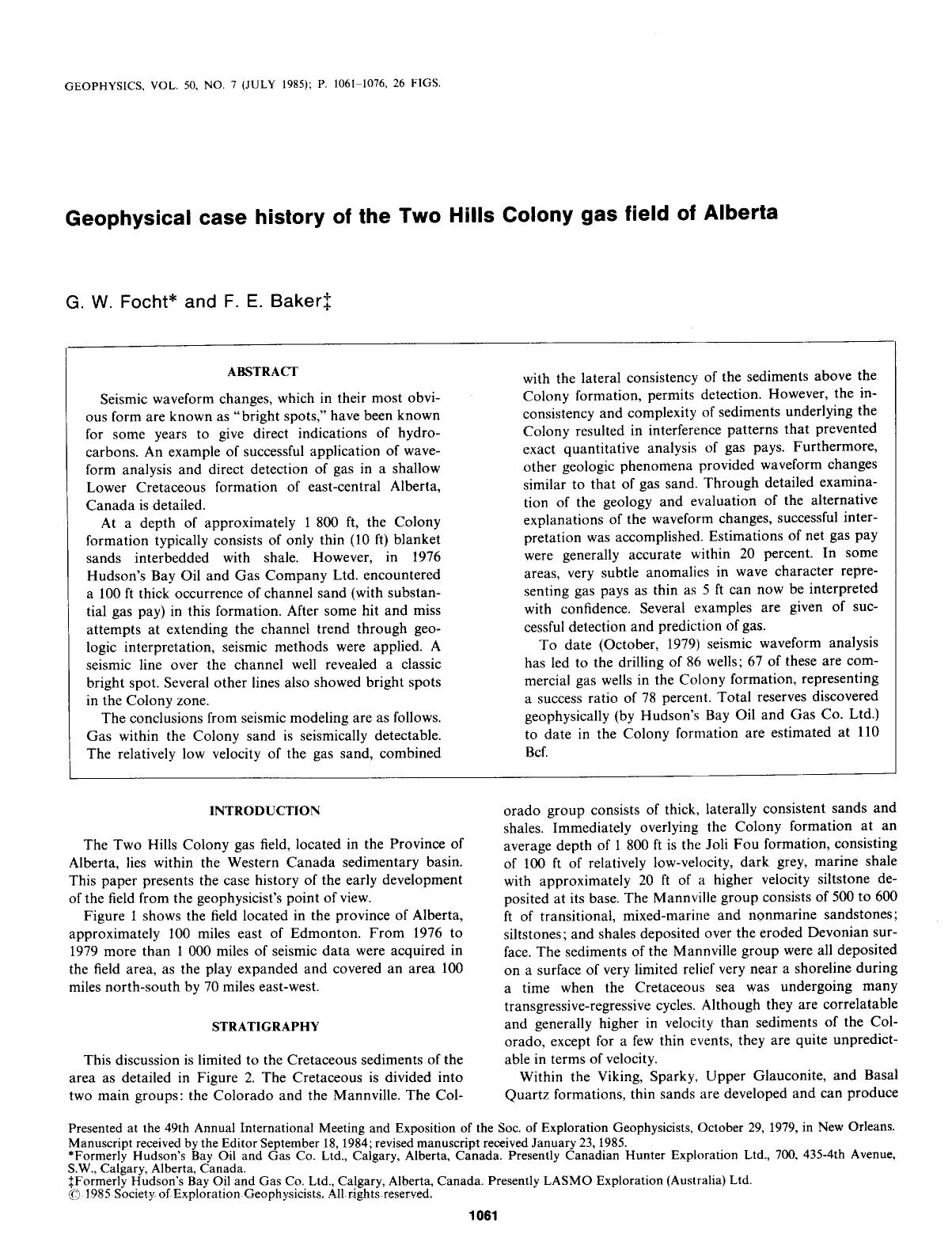 Geophysical case history of the Two Hills Colony gas field of Alberta by Focht G. W.; Baker F. E