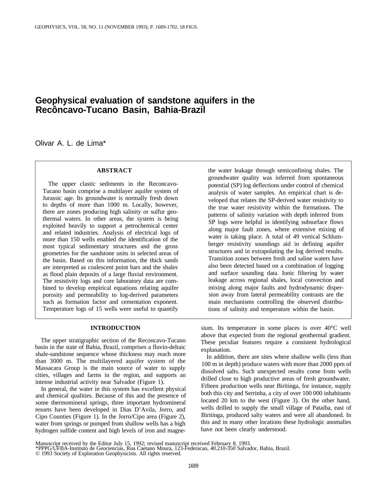 Geophysical evaluation of sandstone aquifers in the Reconcavo-Tucano basin, Bahia-Brazil by O.A.L. de Lima