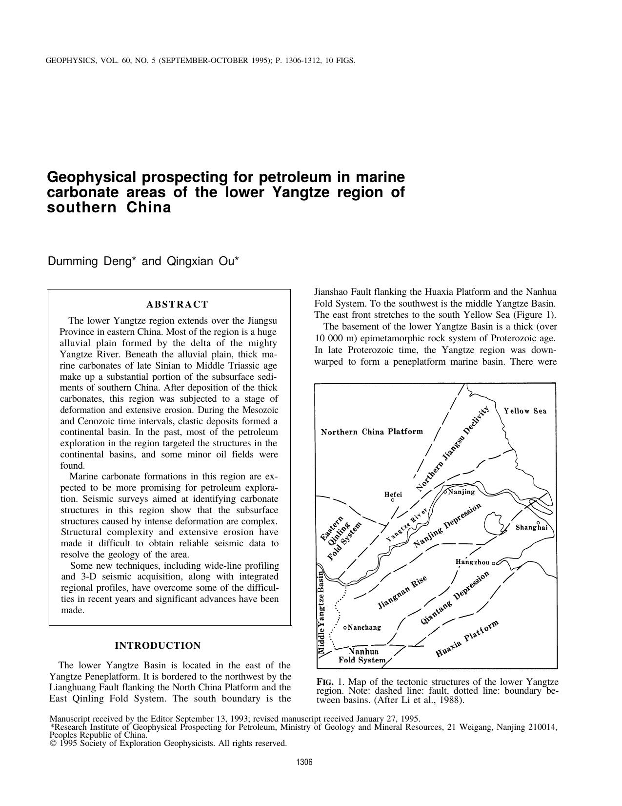 Geophysical prospecting for petroleum in marine carbonate areas of the lower Yangtze region of southern China by Q. Ou D. Deng