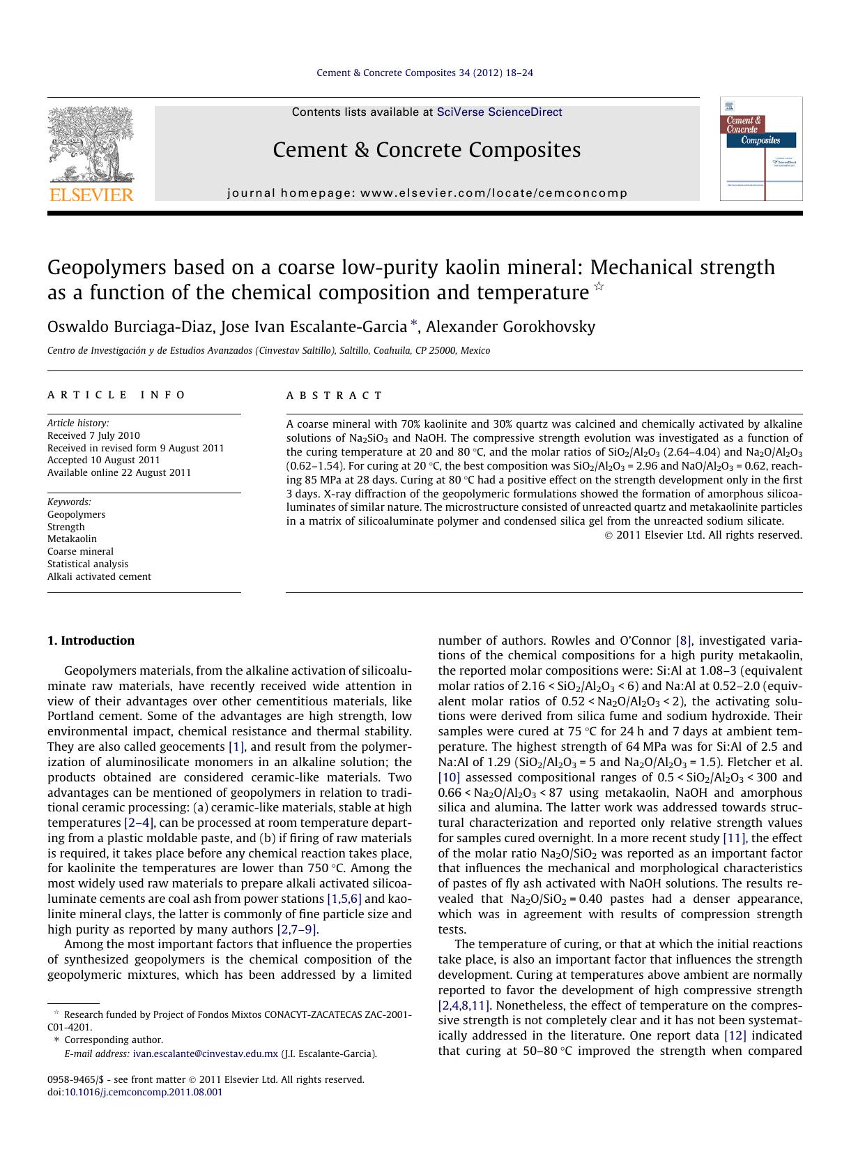 Geopolymers based on a coarse low-purity kaolin mineral: Mechanical strength as a function of the chemical composition and temperature by Oswaldo Burciaga-Diaz & Jose Ivan Escalante-Garcia & Alexander Gorokhovsky