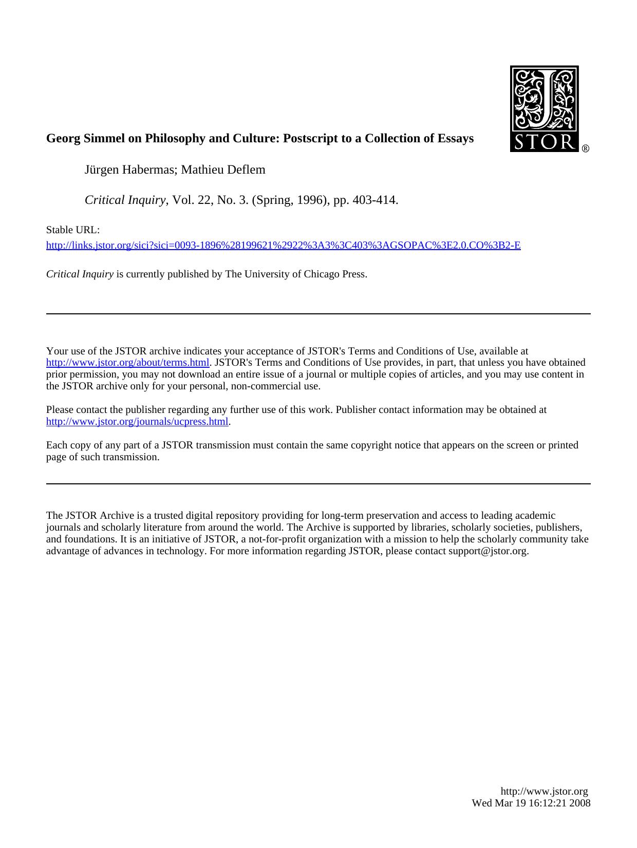 Georg Simmel On Philosophy And Culture [Postscript To A Collection Of Essays] by Unknown