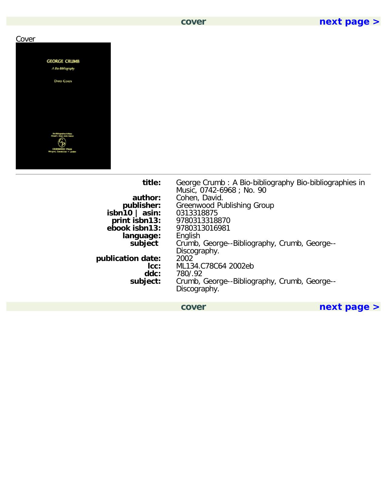 George Crumb: A Bio-Bibliography (Bio-Bibliographies in Music) by David Cohen