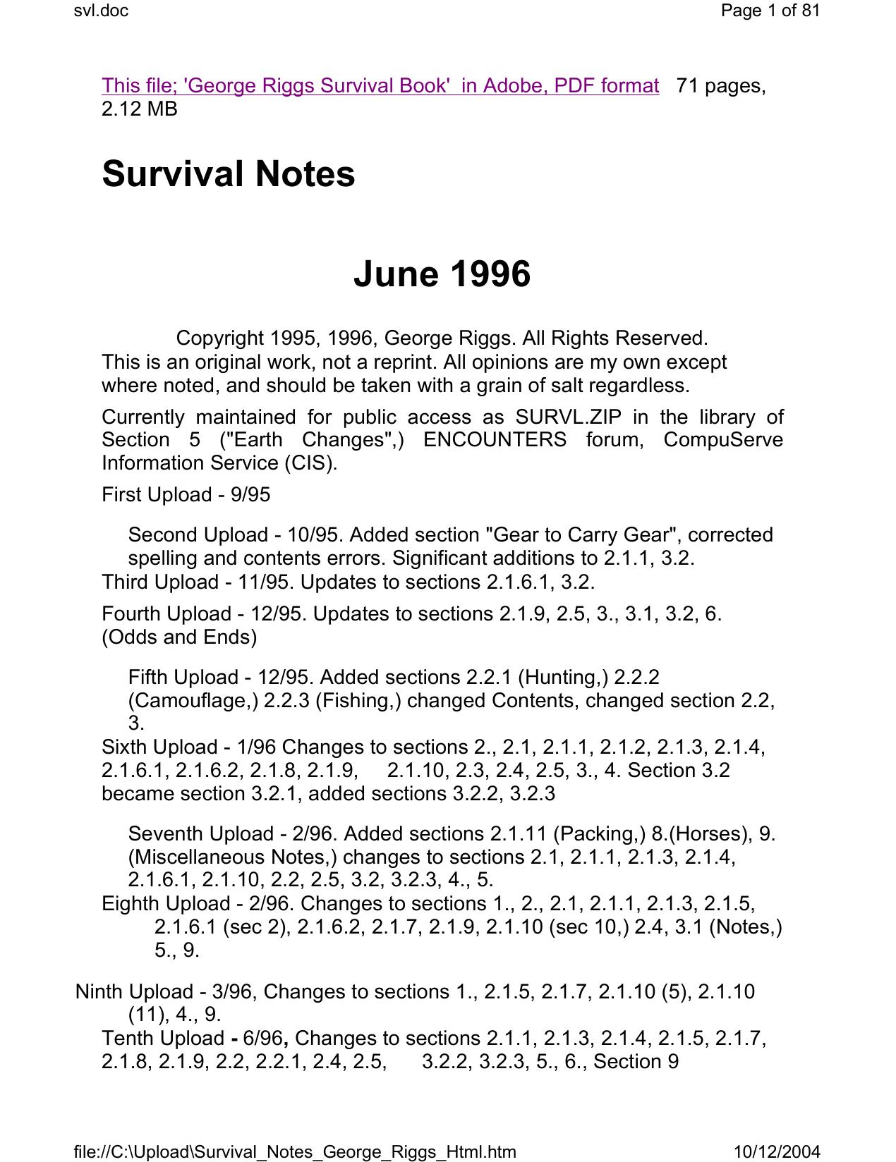 George Riggs Survival Book by Unknown