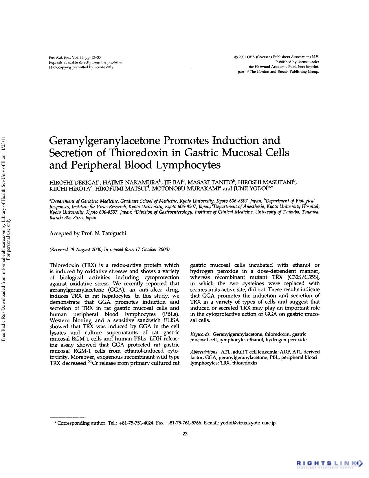 Geranylgeranylacetone promotes induction and secretion of thioredoxin in gastric mucosal cells and peripheral blood lymphocytes by unknow