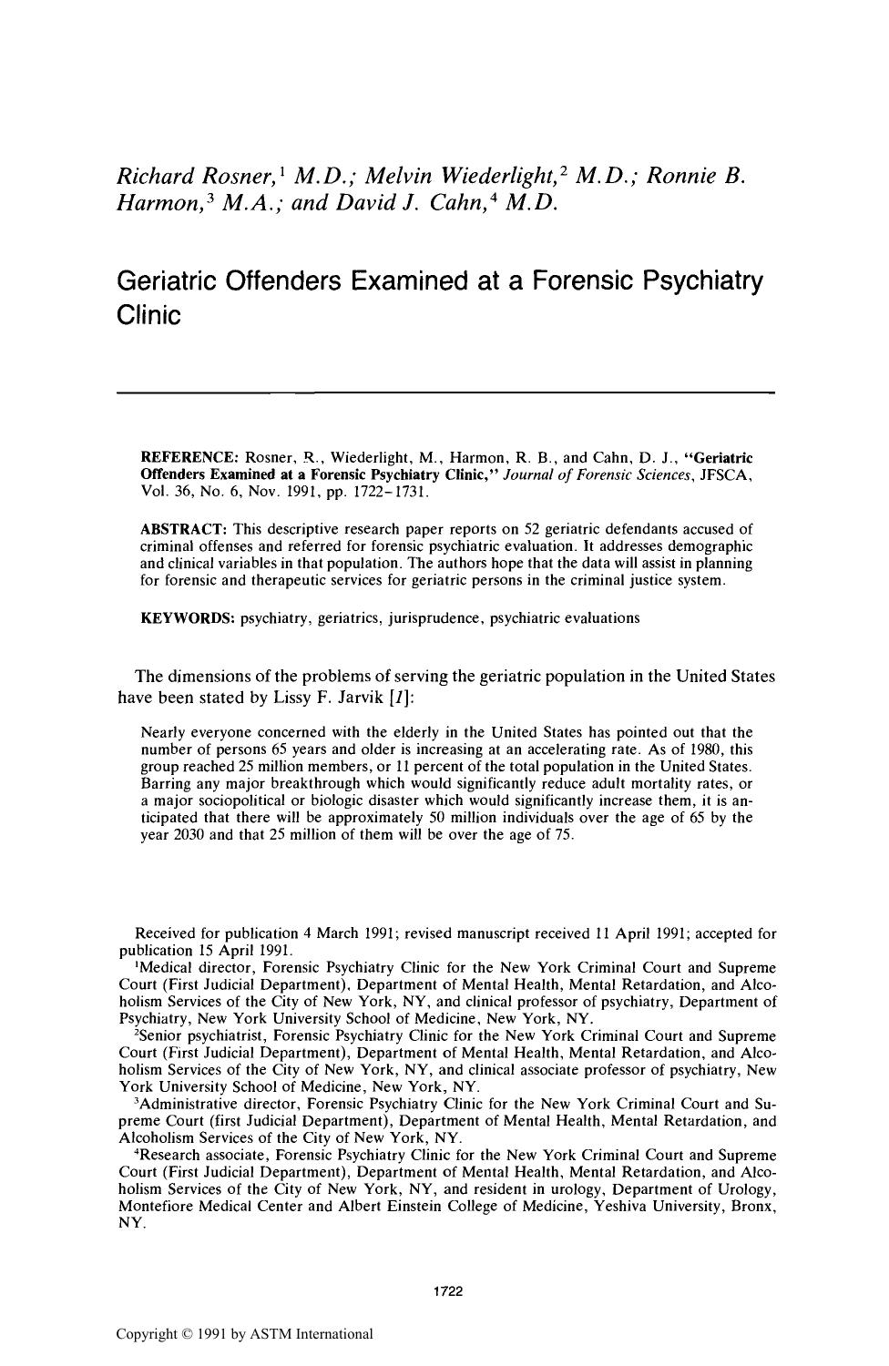 Geriatric Offenders Examined at a Forensic Psychiatry Clinic by Rosner R Wiederlight M Harmon RB Cahn DJ