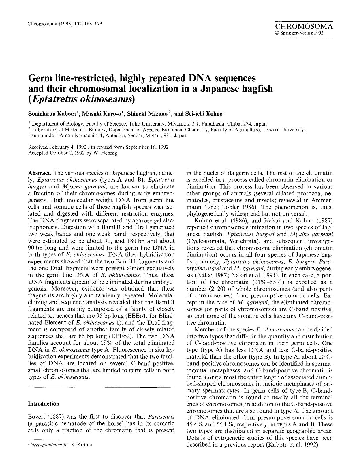 Germ line-restricted, highly repeated DNA sequences and their chromosomal localization in a Japanese hagfish (<Emphasis Type="Italic">Eptatretus okinoseanus<Emphasis>) by Unknown