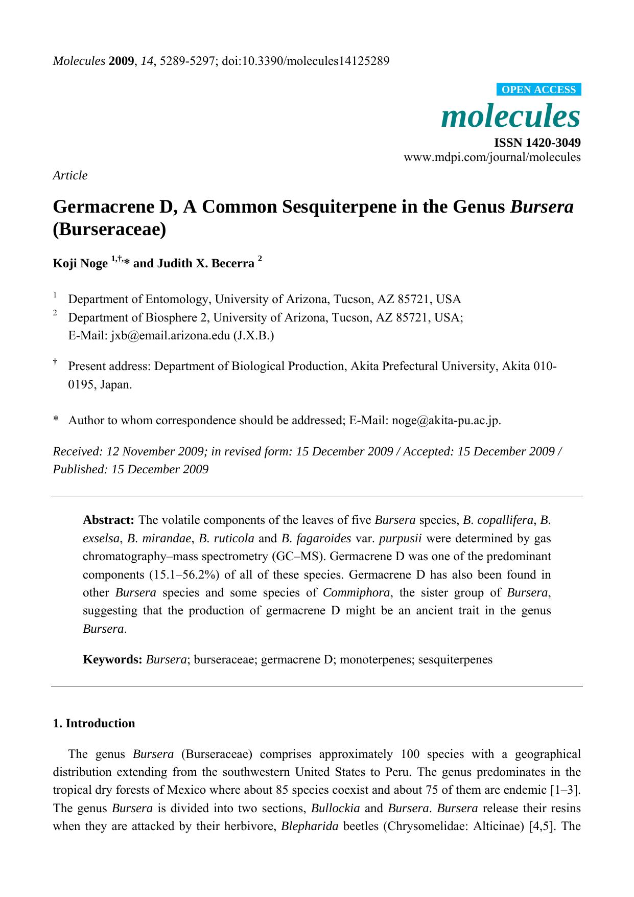 Germacrene D, A Common Sesquiterpene in the Genus Bursera (Burseraceae) by Koji Noge 1 & Judith X. Becerra