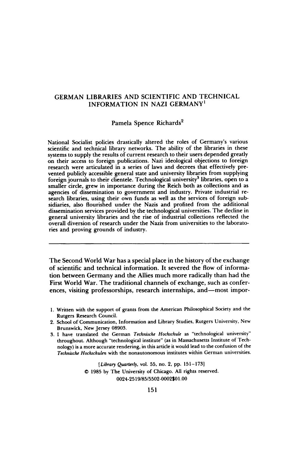German Libraries and Scientific and Technical Information in Nazi Germany by Unknown