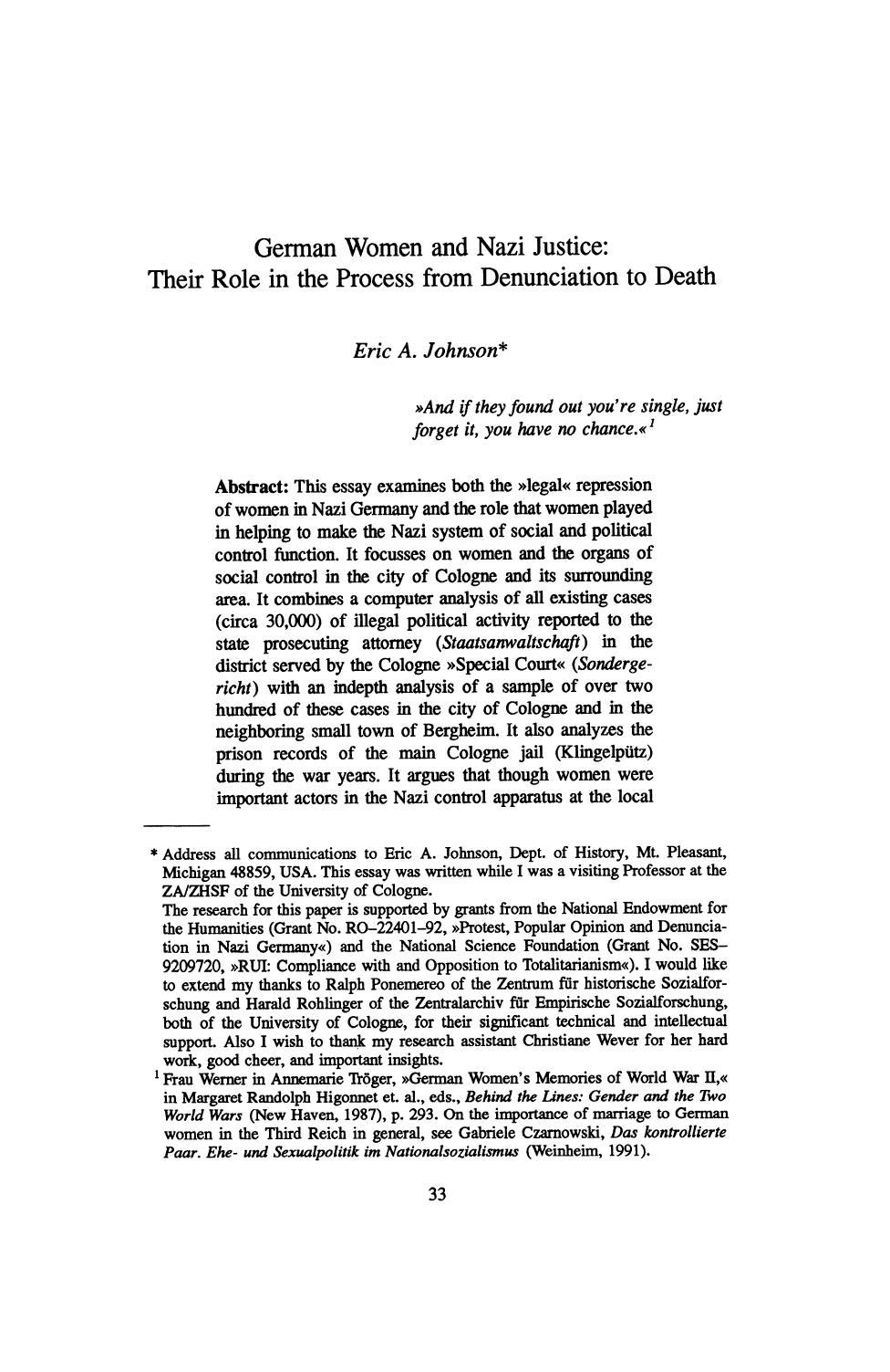German Women and Nazi Justice; Their Role in the Process from Denunciation to Death by Unknown