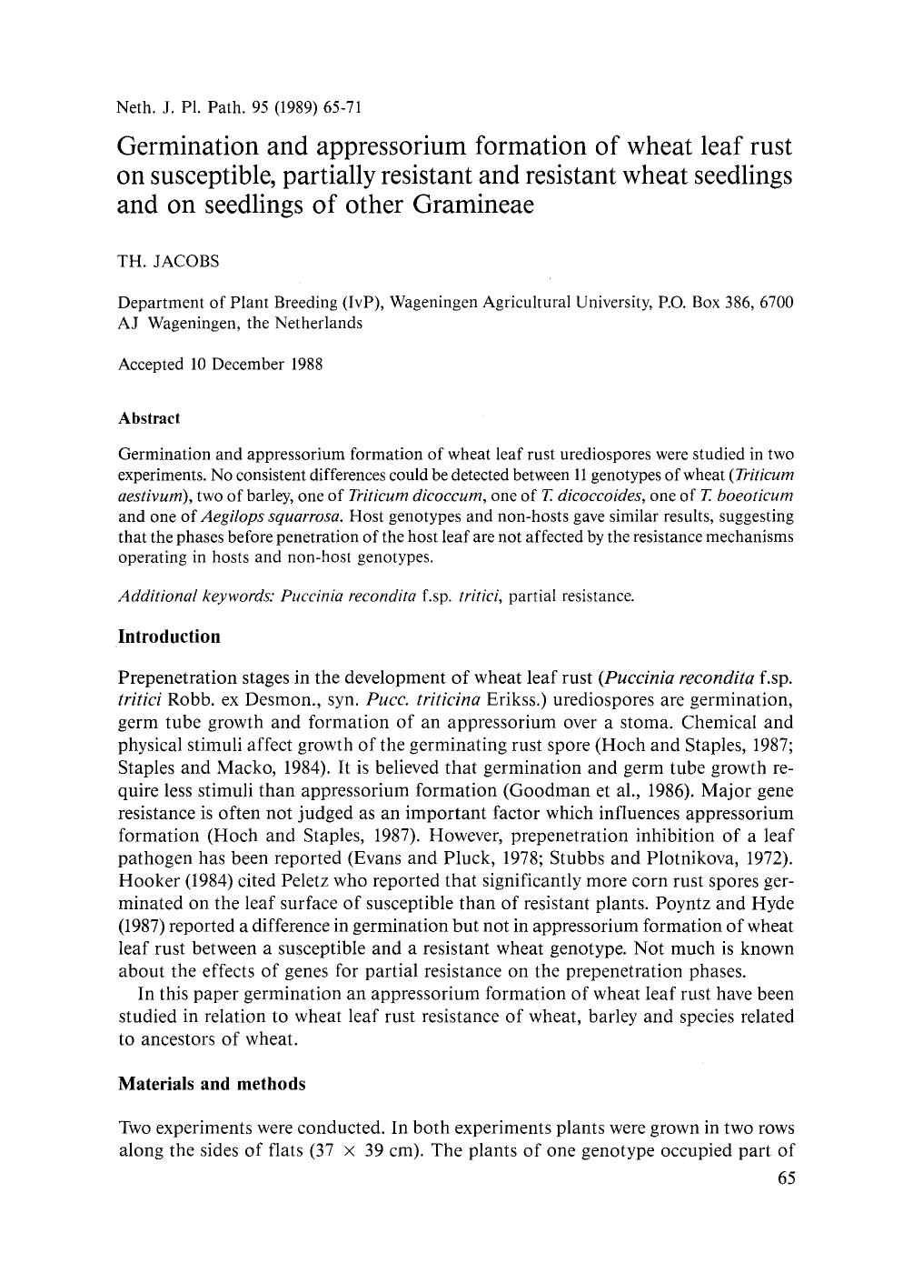 Germination and appressorium formation of wheat leaf rust on susceptible, partially resistant and resistant wheat seedlings and on seedlings of other Gramineae by Unknown