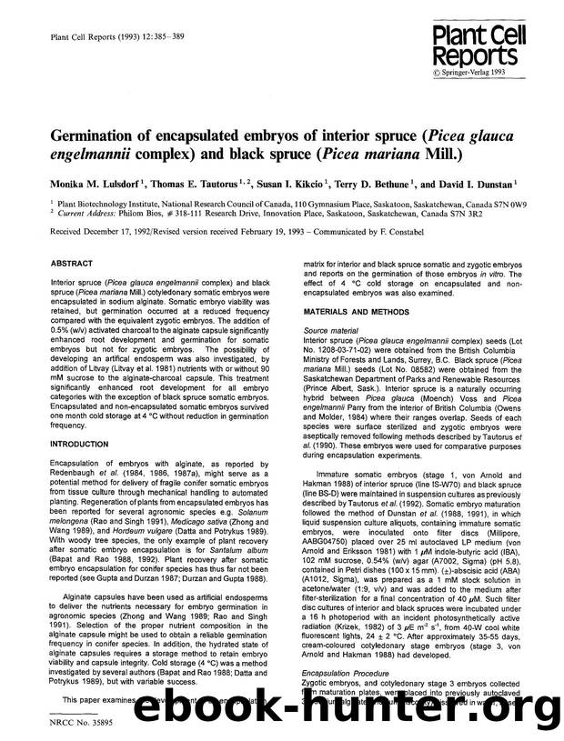 Germination of encapsulated embryos of interior spruce (<Emphasis Type="Italic">Picea glauca engelmannii<Emphasis> complex) and black spruce (<Emphasis Type="Italic">Picea mariana<Emphasis> Mill.) by Unknown