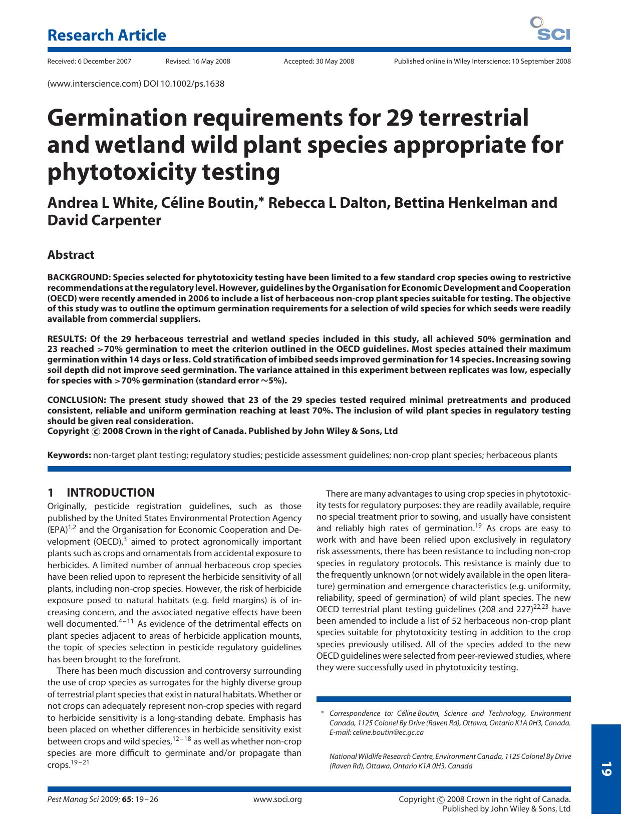 Germination requirements for 29 terrestrial and wetland wild plant species appropriate for phytotoxicity testing by Unknown