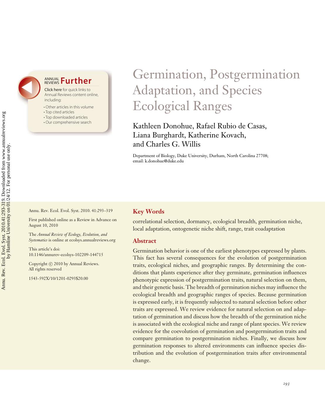 Germination, Postgermination Adaptation, and Species Ecological Ranges by Kathleen Donohue Rafael Rubio de Casas Liana Burghardt Katherine Kovach and Charles G. Willis