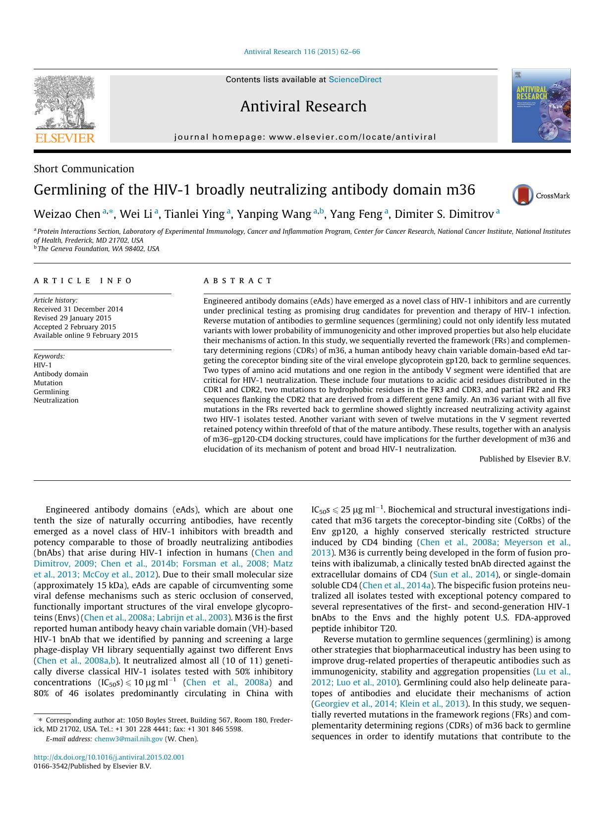 Germlining of the HIV-1 broadly neutralizing antibody domain m36 by Weizao Chen & Wei Li & Tianlei Ying & Yanping Wang & Yang Feng & Dimiter S. Dimitrov