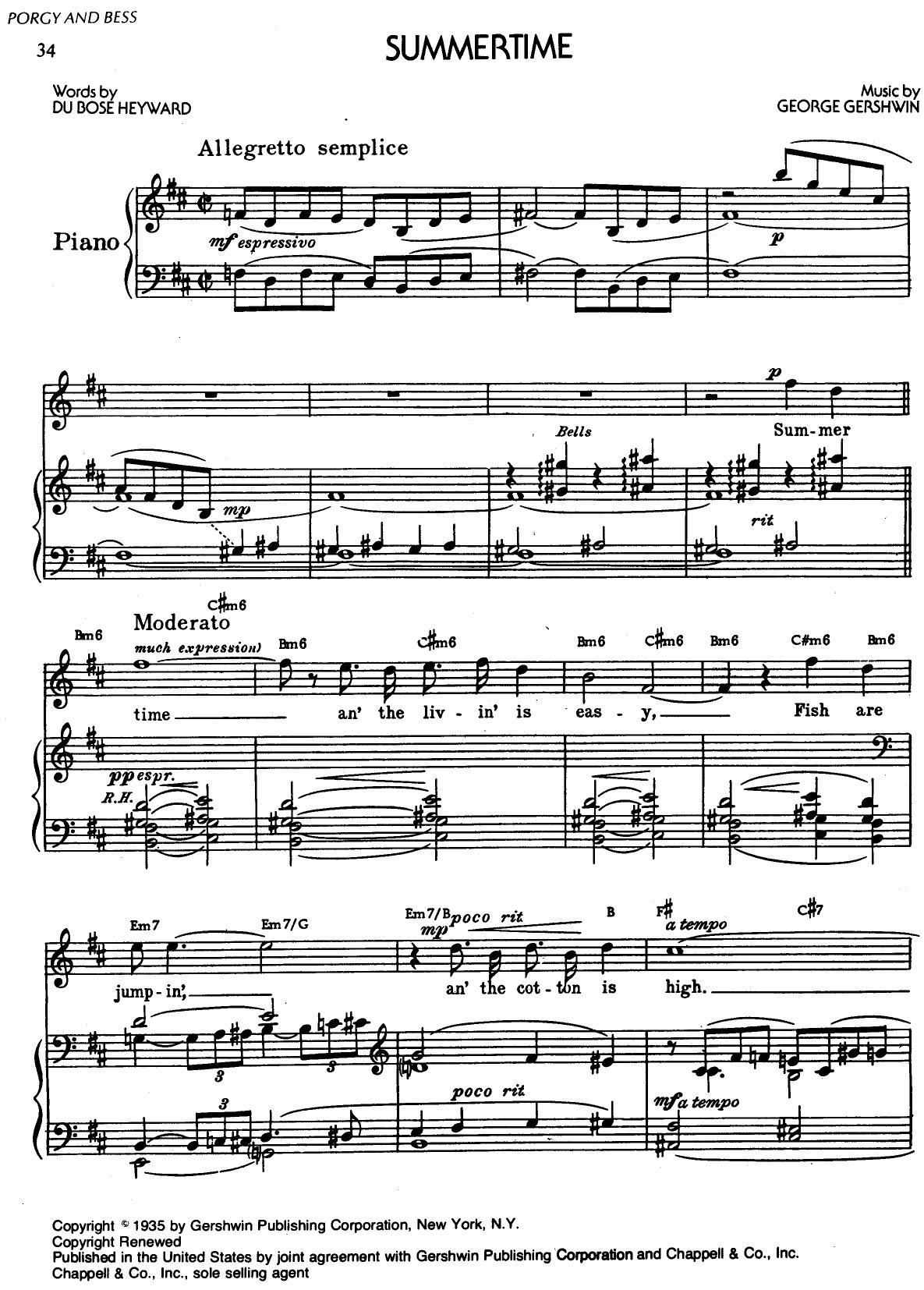 Gershwin - Summertime by Vocal Score