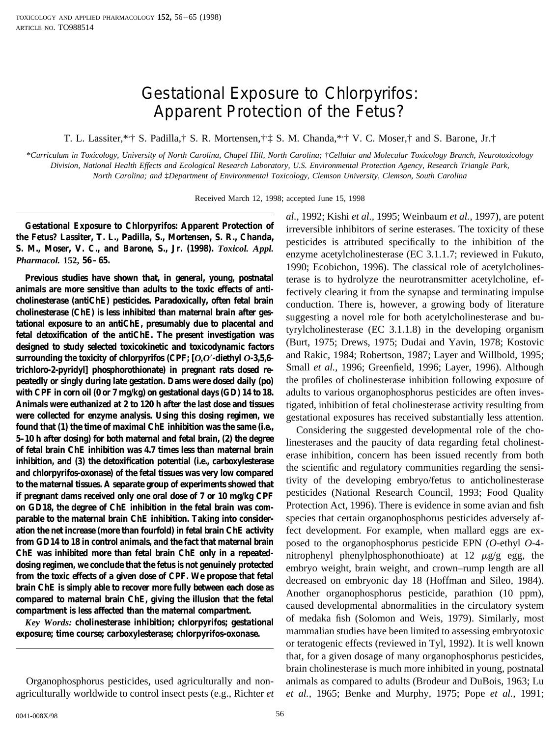 Gestational Exposure to Chlorpyrifos: Apparent Protection of the Fetus?` by Lassiter T. L. et al