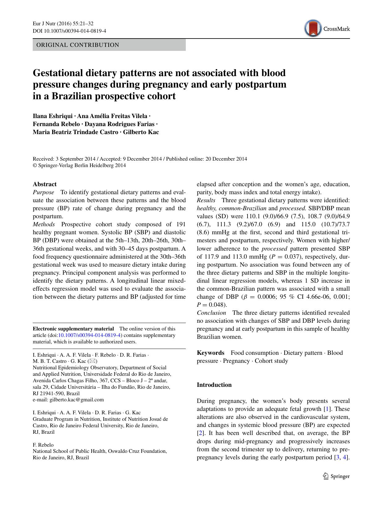 Gestational dietary patterns are not associated with blood pressure changes during pregnancy and early postpartum in a Brazilian prospective cohort by unknow