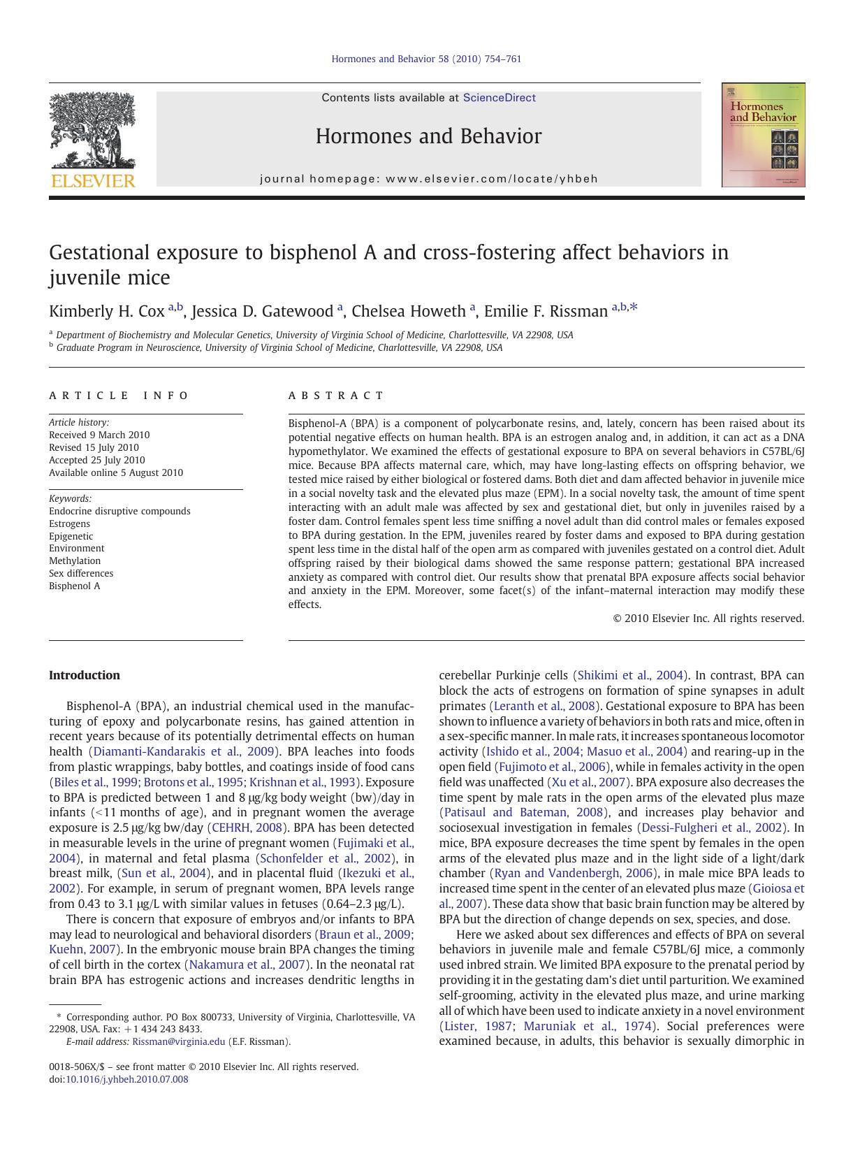Gestational exposure to bisphenol A and cross-fostering affect behaviors in juvenile mice by Kimberly H. Cox