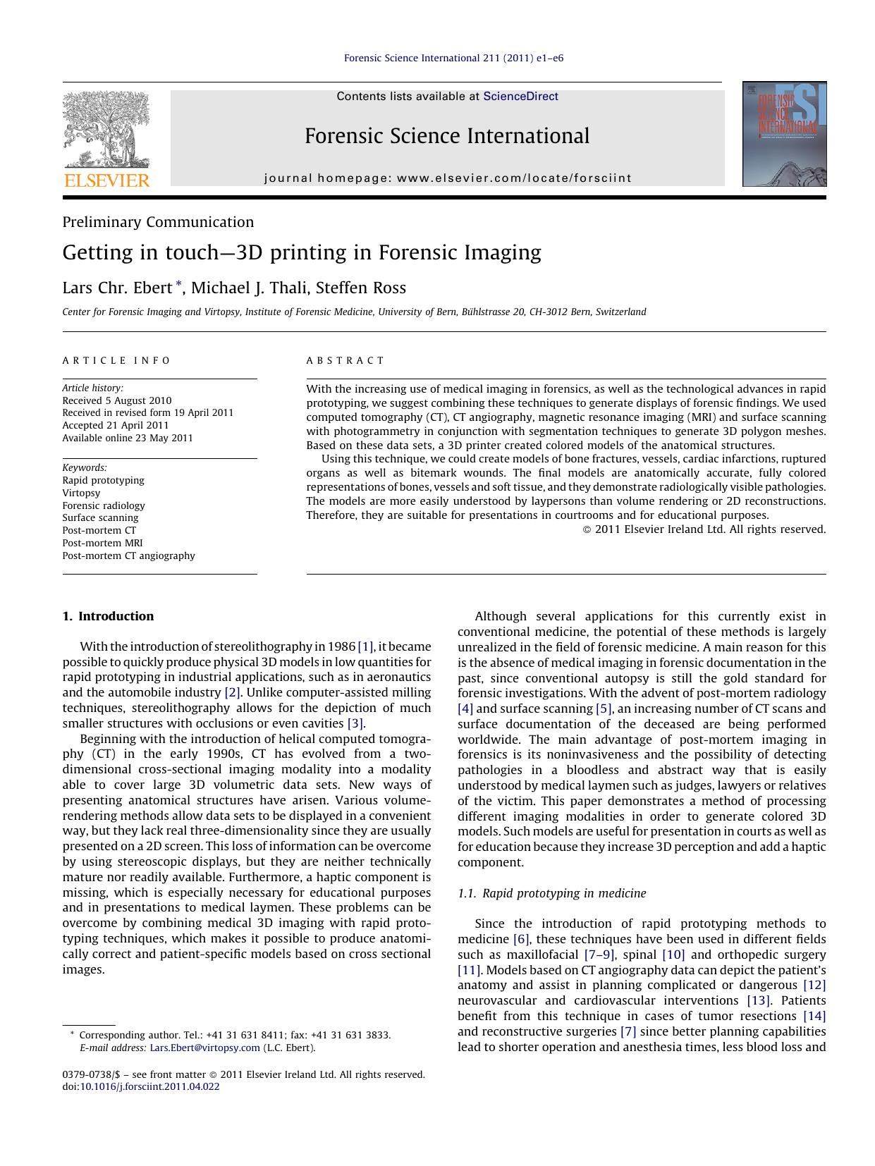 Getting in touchÃ¢â¬â3D printing in Forensic Imaging by Lars Chr. Ebert