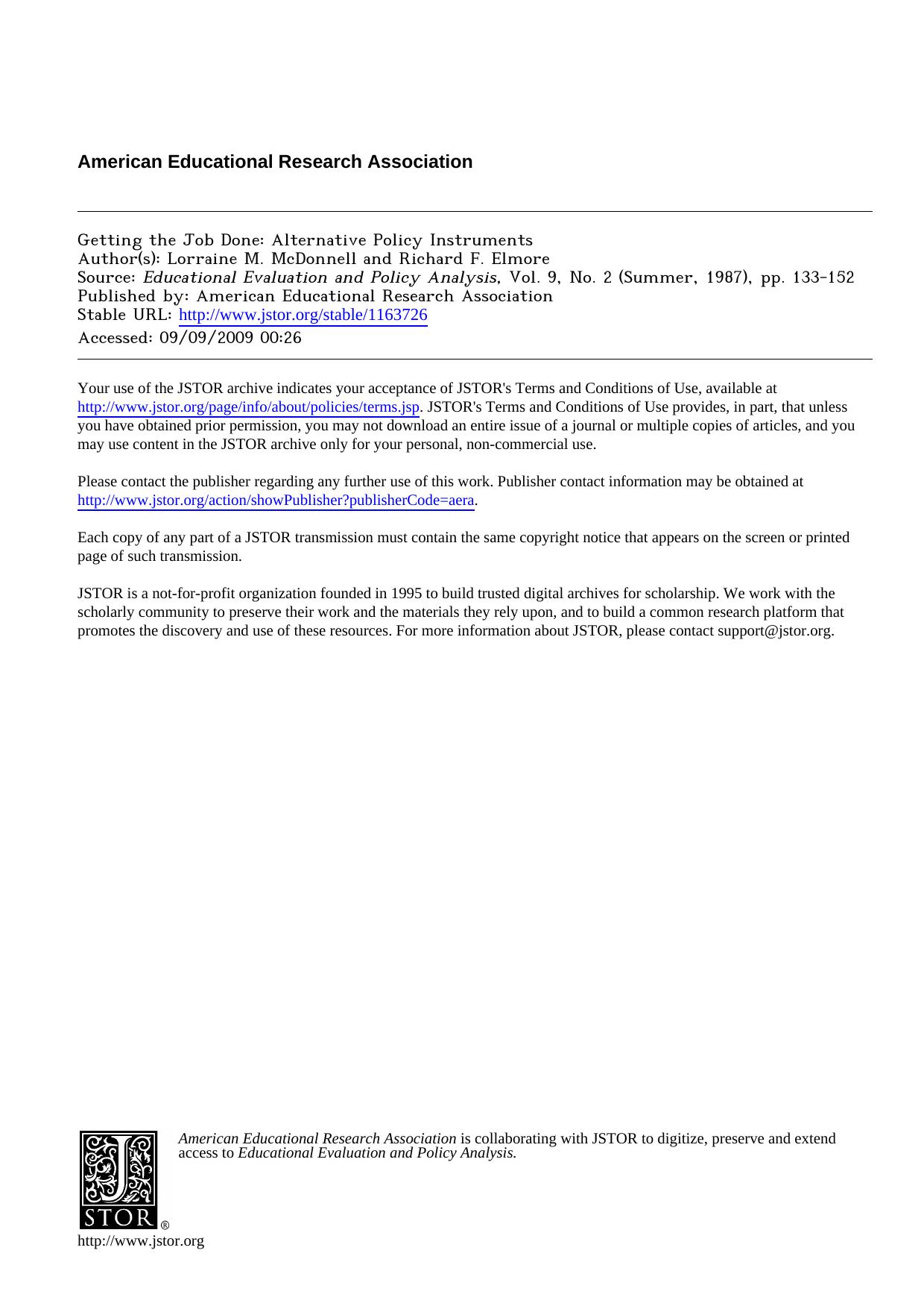 Getting the Job Done: Alternative Policy Instruments by Lorraine M. McDonnell Richard F. Elmore