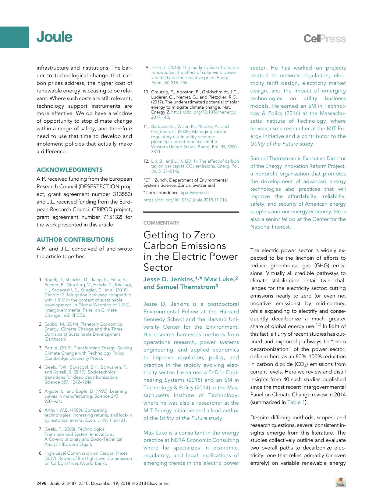 Getting to Zero Carbon Emissions in the Electric Power Sector by Jesse D. Jenkins & Max Luke & Samuel Thernstrom