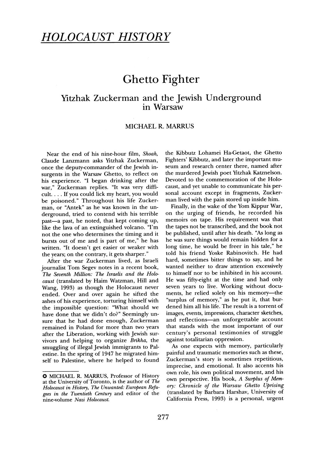 Ghetto Fighter; Yitzhak Zuckerman and the Jewish Underground in Warsaw by Unknown