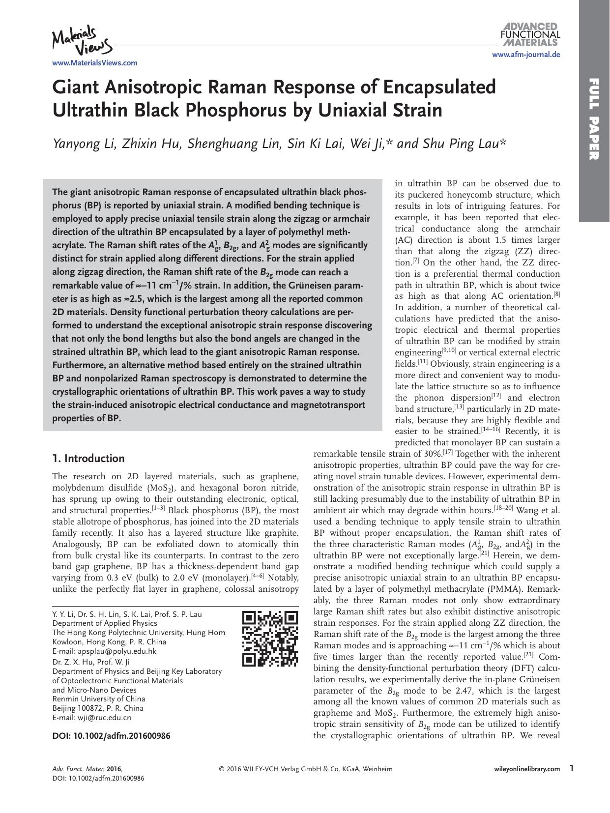 Giant Anisotropic Raman Response of Encapsulated Ultrathin Black Phosphorus by Uniaxial Strain by Unknown
