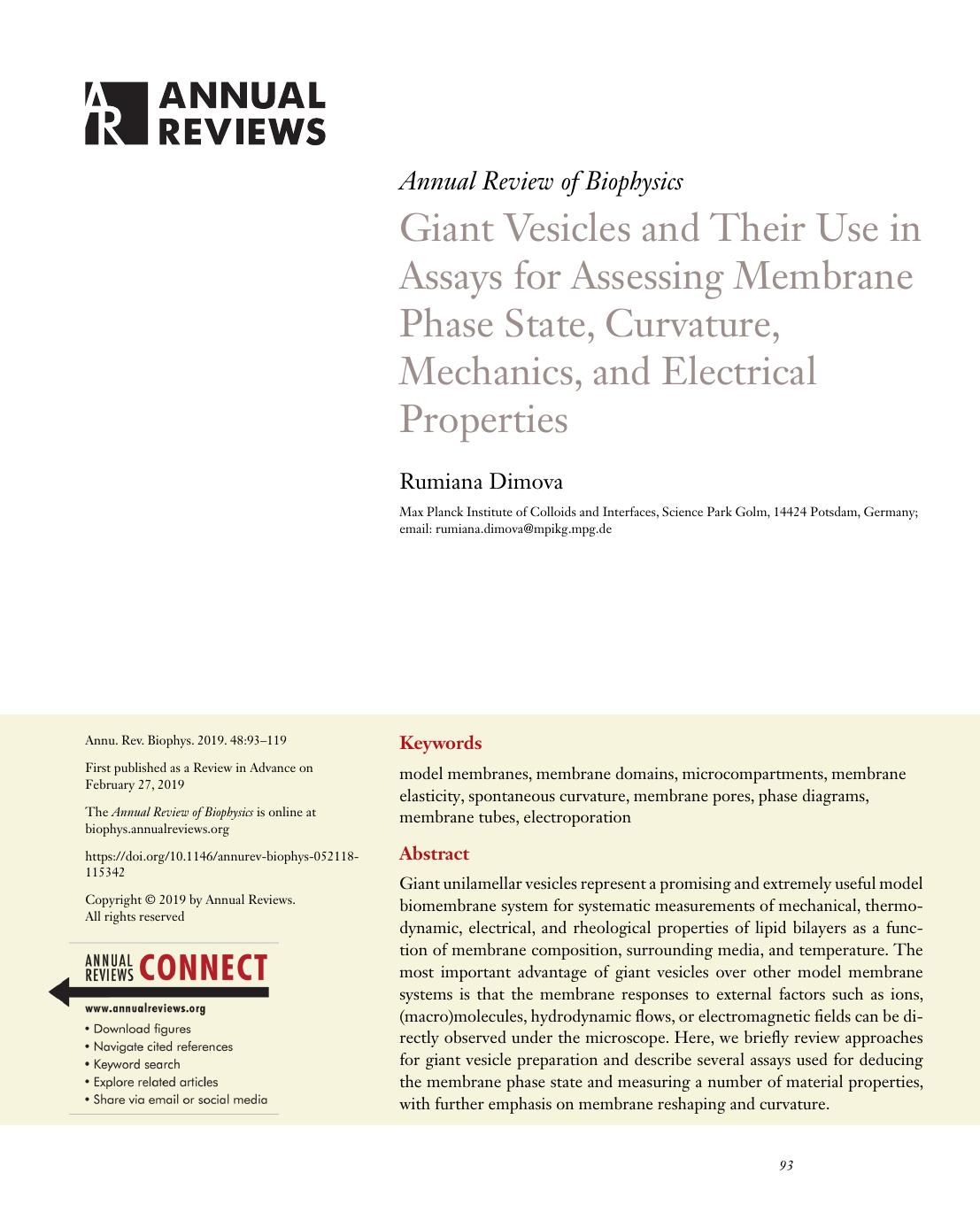 Giant Vesicles and Their Use in Assays for Assessing Membrane Phase State, Curvature, Mechanics, and Electrical Properties by Rumiana Dimova