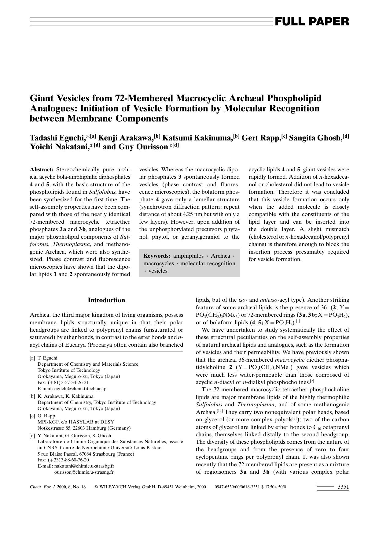 Giant Vesicles from 72-Membered Macrocyclic ArchÃ¦al Phospholipid Analogues: Initiation of Vesicle Formation by Molecular Recognition between Membrane Components by Unknown