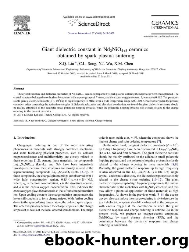 Giant dielectric constant in Nd2NiO4+ÃÂ´ ceramics obtained by spark plasma sintering by X.Q. Liu