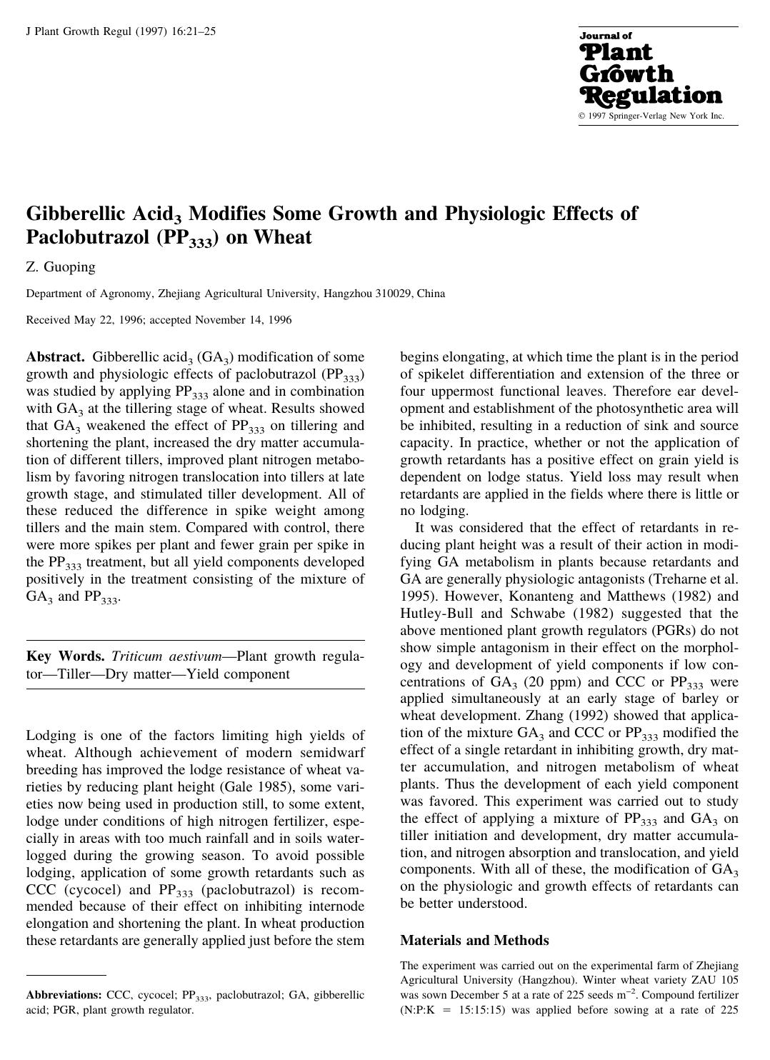 Gibberellic Acid3 Modifies Some Growth and Physiologic Effects of Paclobutrazol (PP333) on Wheat by Guoping Z