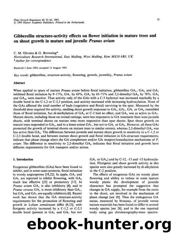 Gibberellin structure-activity effects on flower initiation in mature trees and on shoot growth in mature and juvenile <Emphasis Type="Italic">Prunus avium<Emphasis> by Unknown