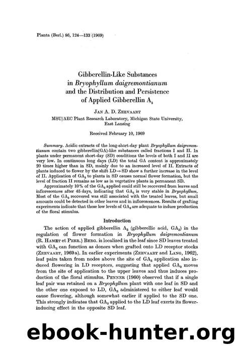 Gibberellin-like substances in <Emphasis Type="Italic">Bryophyllum daigremontianum<Emphasis> and the distribution and persistence of applied gibberellin A<Subscript>3<Subscript> by Unknown