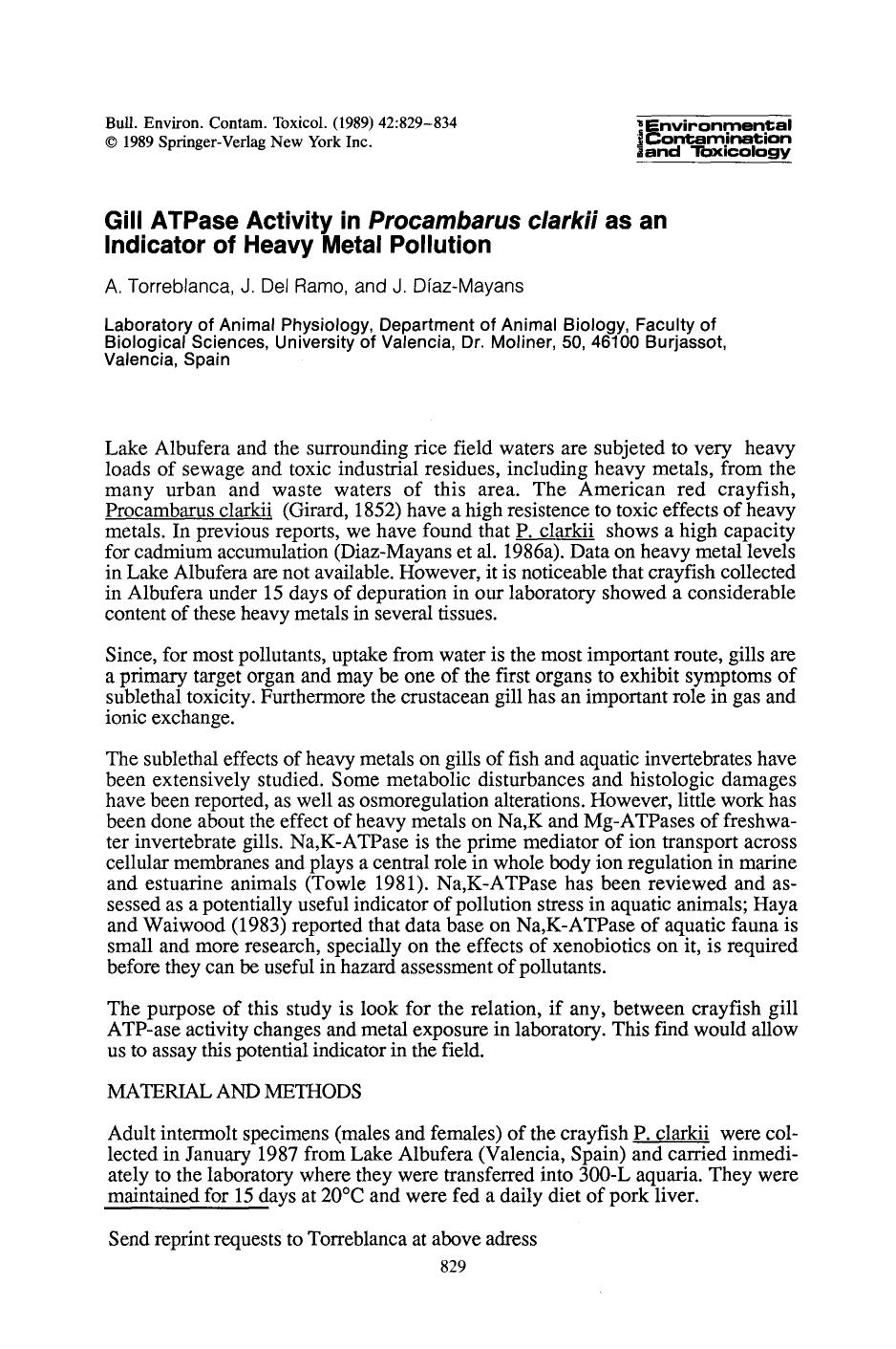 Gill ATPase activity in <Emphasis Type="Italic">Procambarus clarkii <Emphasis> as an indicator of heavy metal pollution by Unknown