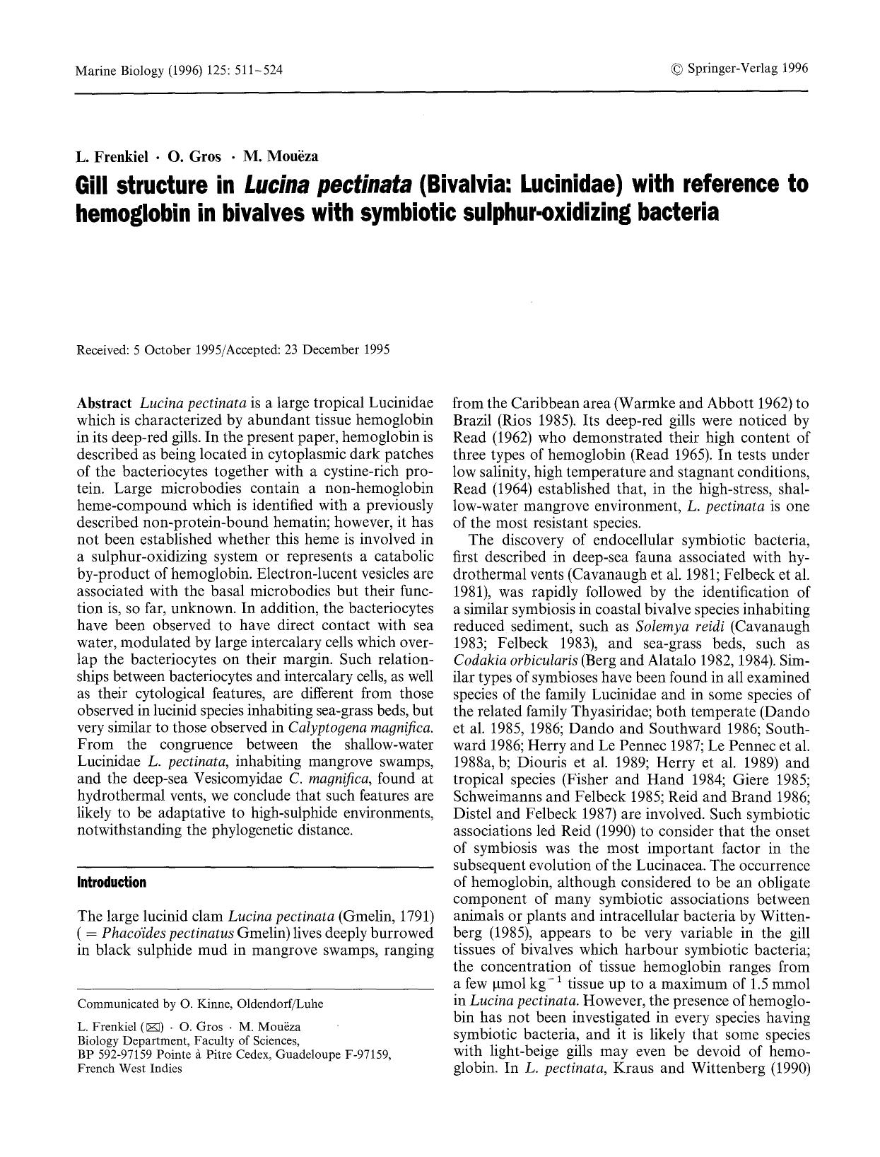 Gill structure in <Emphasis Type="Italic">Lucina pectinata<Emphasis> (Bivalvia: Lucinidae) with reference to hemoglobin in bivalves with symbiotic sulphur-oxidizing bacteria by Unknown