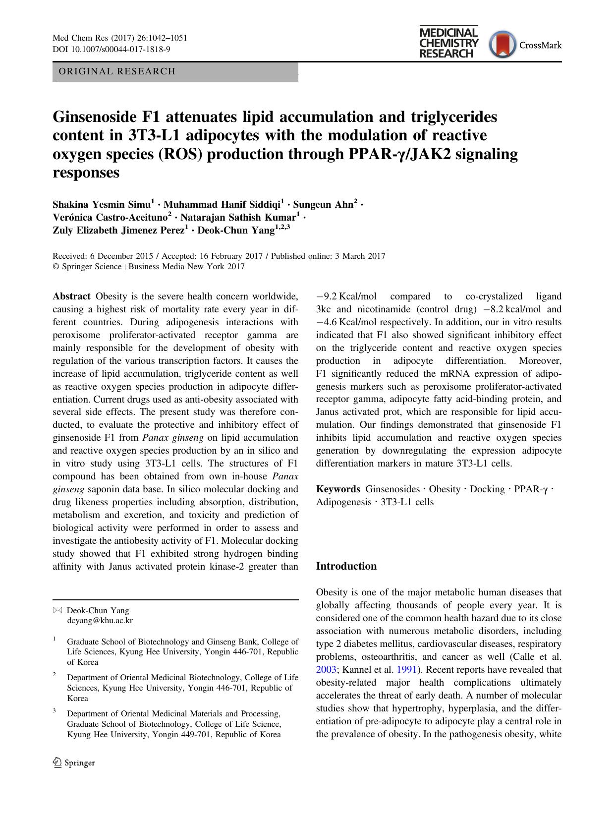 Ginsenoside F1 attenuates lipid accumulation and triglycerides content in 3T3-L1 adipocytes with the modulation of reactive oxygen species (ROS) production through PPAR-ÃÂ³JAK2 signaling responses by unknow