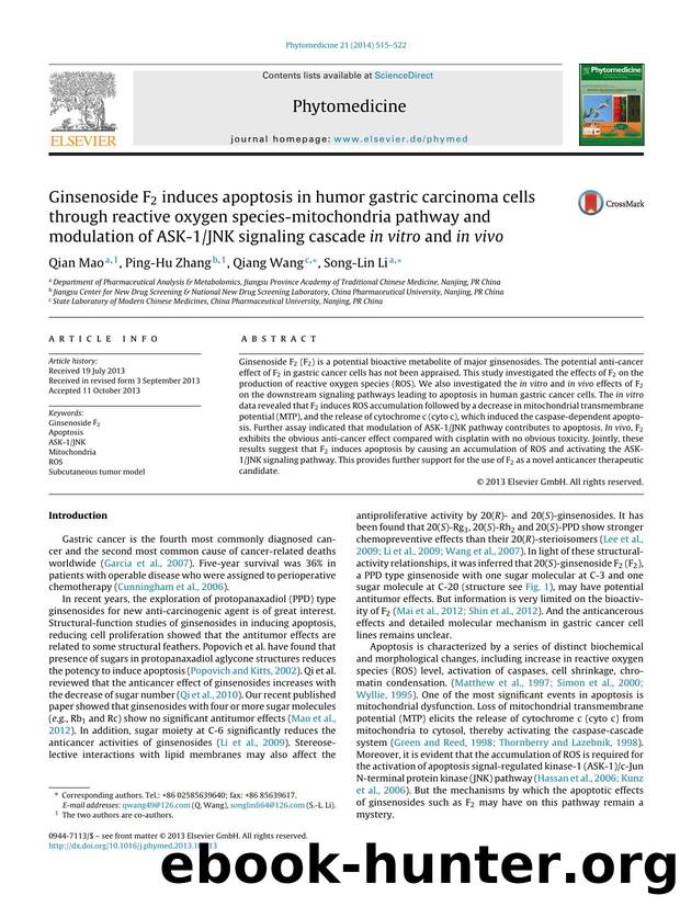 Ginsenoside F2 induces apoptosis in humor gastric carcinoma cells through reactive oxygen species-mitochondria pathway and modulation of ASK-1JNK signaling cascade in vitro and in vivo by Qian Mao & Ping-Hu Zhang & Qiang Wang & Song-Lin Li