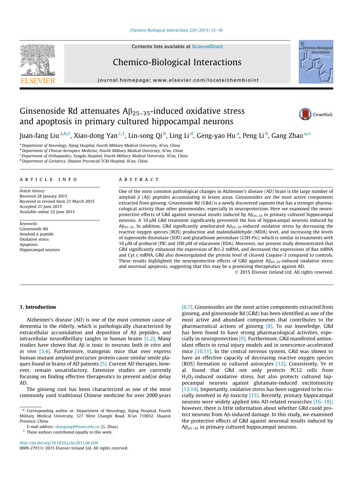 Ginsenoside Rd attenuates AÃÂ²25Ã¢â¬â35-induced oxidative stress and apoptosis in primary cultured hippocampal neurons by Juan-fang Liu & Xiao-dong Yan & Lin-song Qi & Ling Li & Geng-yao Hu & Peng Li & Gang Zhao