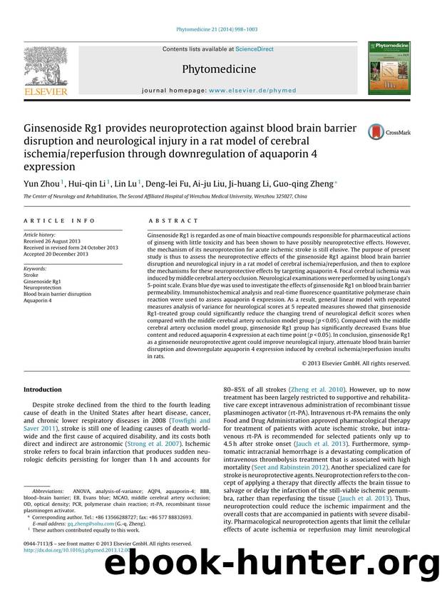 Ginsenoside Rg1 provides neuroprotection against blood brain barrier disruption and neurological injury in a rat model of cerebral ischemiareperfusion through downregulation of aquaporin 4 expression by Yun Zhou & Hui-qin Li & Lin Lu & Deng-lei Fu & Ai-ju Liu & Ji-huang Li & Guo-qing Zheng