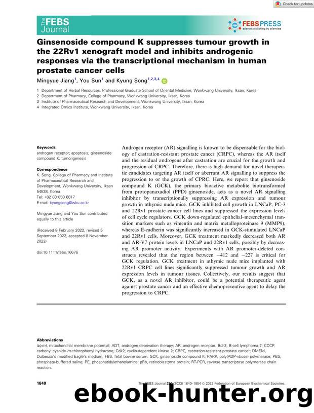 Ginsenoside compound K suppresses tumour growth in the 22Rv1 xenograft model and inhibits androgenic responses via the transcriptional mechanism in human prostate cancer cells by Unknown