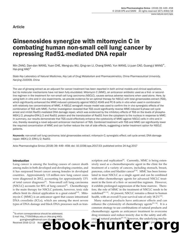 Ginsenosides synergize with mitomycin C in combating human non-small cell lung cancer by repressing Rad51-mediated DNA repair by unknow