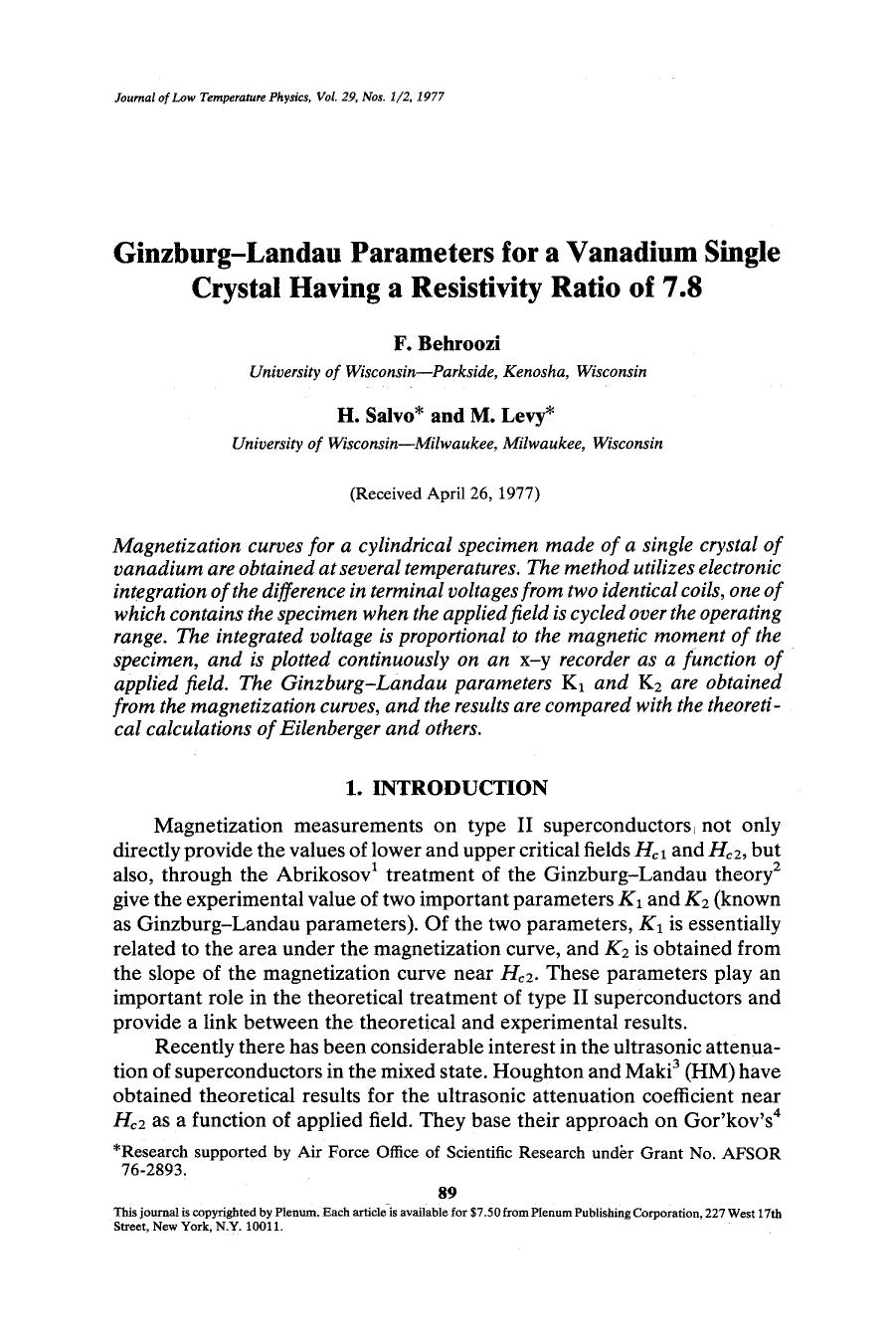 Ginzburg-Landau parameters for a vanadium single crystal having a resistivity ratio of 7.8 by Unknown