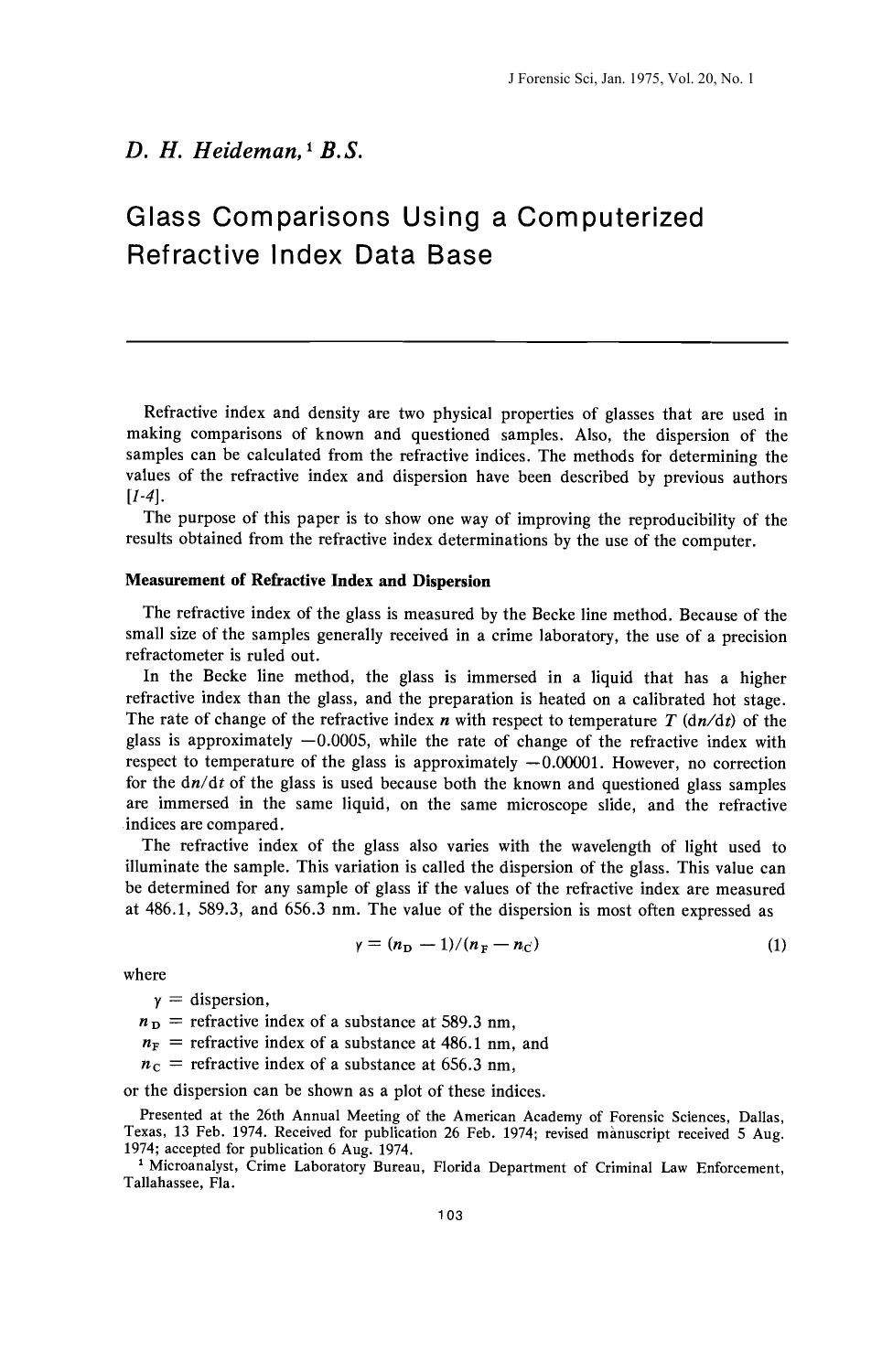 Glass Comparisons Using a Computerized Refractive Index Data Base by Heideman DH