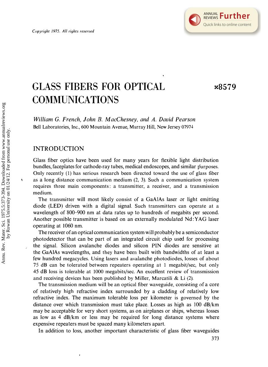Glass Fibers for Optical Communications by W G French J B MacChesney & A D Pearson
