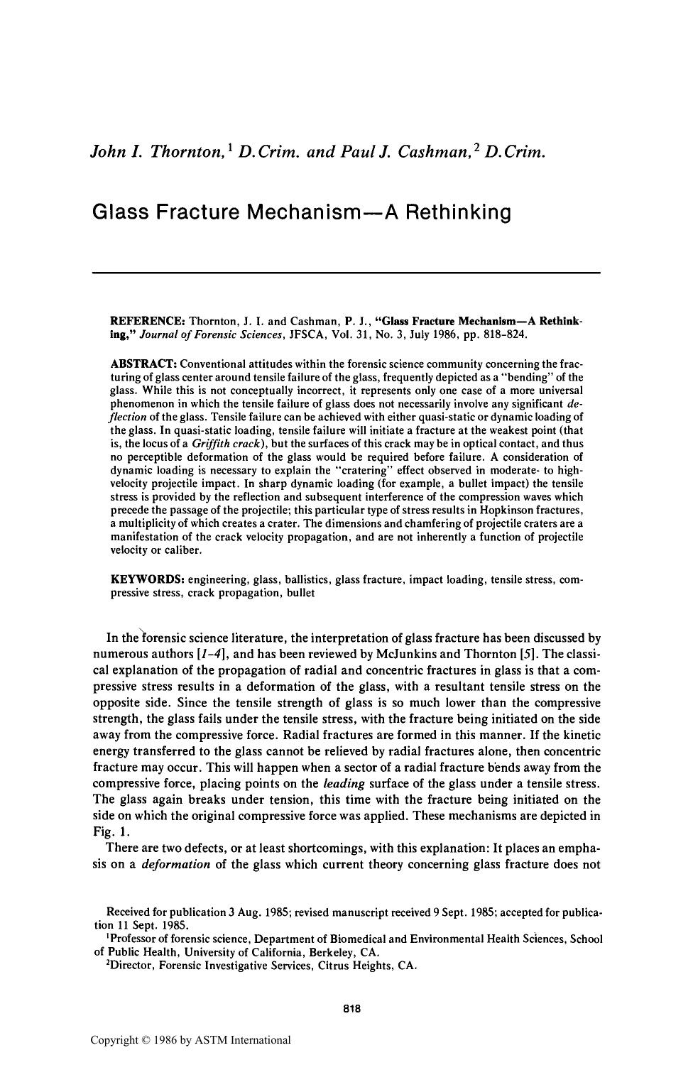 Glass Fracture MechanismÅA Rethinking by Thornton JI Cashman PJ