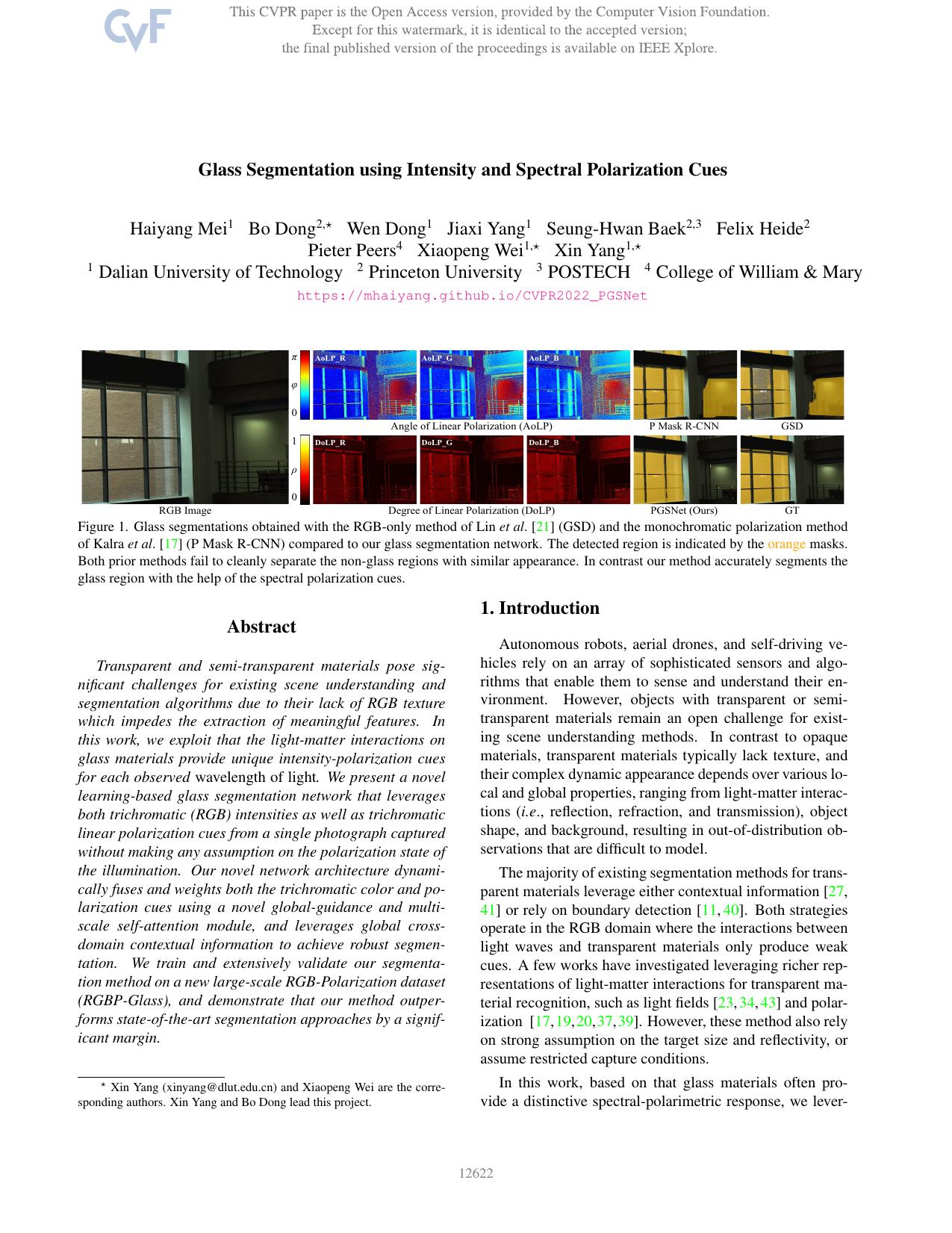 Glass Segmentation Using Intensity and Spectral Polarization Cues by unknow