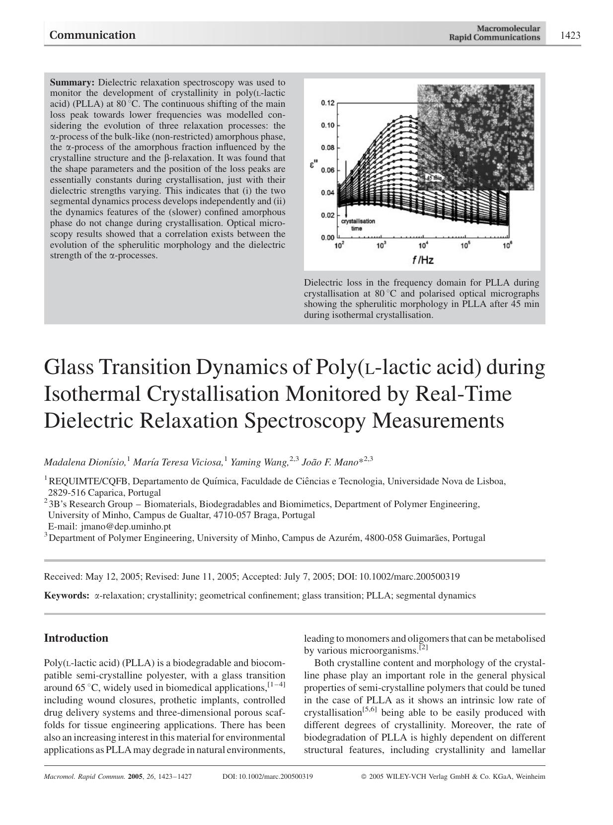 Glass Transition Dynamics of Poly(L-lactic acid) during Isothermal Crystallisation Monitored by Real-Time Dielectric Relaxation Spectroscopy Measurements by Unknown