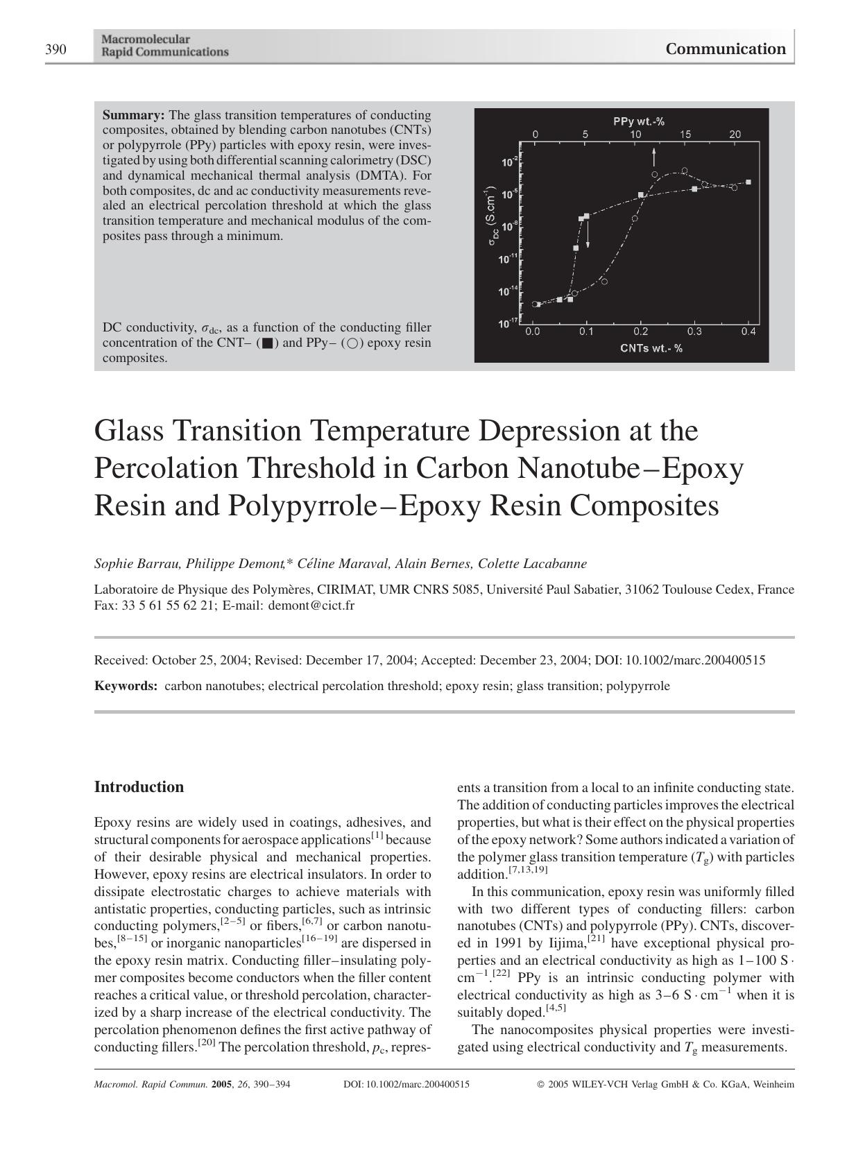 Glass Transition Temperature Depression at the Percolation Threshold in Carbon Nanotube-Epoxy Resin and Polypyrrole-Epoxy Resin Composites by Unknown